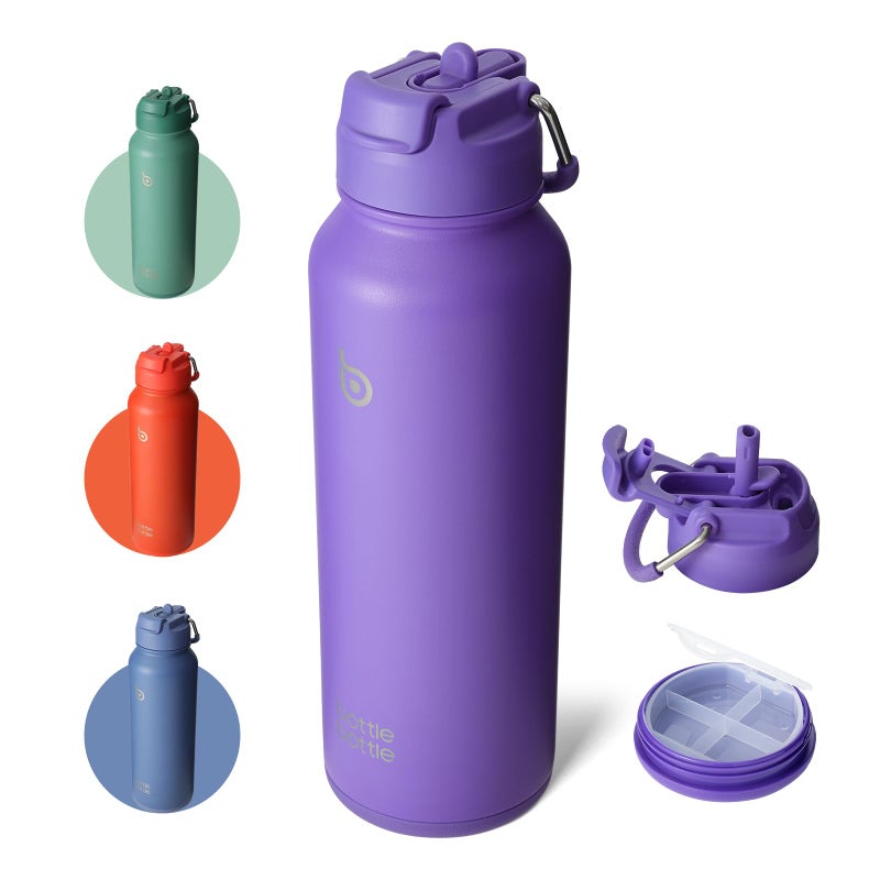 BOTTLE BOTTLE 40 oz sports water bottle stainless steel insulated water bottle with straw and pills holder dark purple
