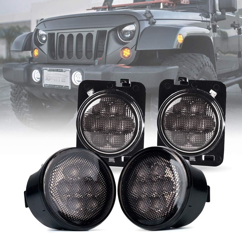 Xprite Smoked Lens Turn Signal & Side Marker Lights Kits Compatible with 2007-2018 Jeep Wrangler JK JKU Unlimited, JK LED Blinker, Amber - Image 1