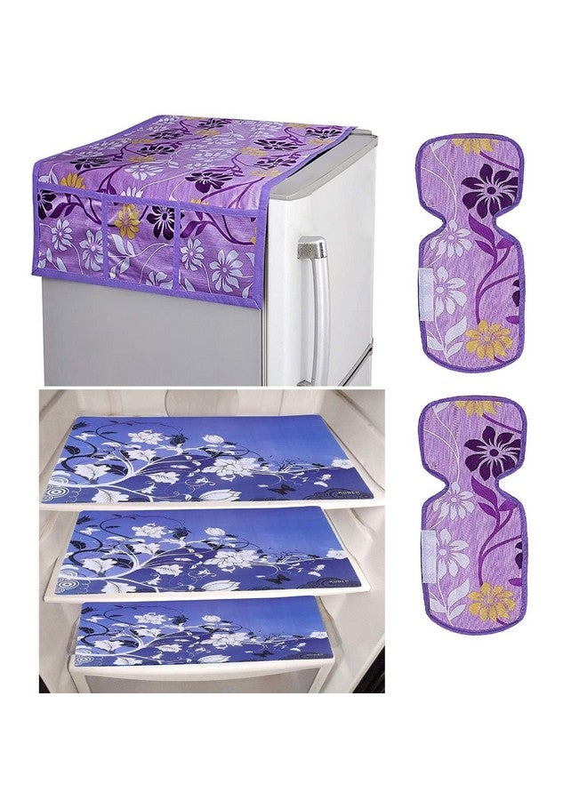 Kuber Industries Fridge Combo Set | 1 Piece Fridge Top Cover - 3 Piece Fridge Mats - 2 Piece Fridge Handle Cover Combo Set | Refrigerator Combo Set | Flower-Print | 6 Piece Set | Purple - Image 1