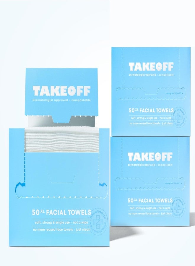 Takeoff Face Towels, 10"×12" XL Face Disposable + Compostable, Ultra Soft Makeup Remover Dry Wipes, Thick Face Towel w/Dual Texture For All Skin Types incl. Sensitive, 50 Count x 3 Pack (150 total) - Image 1
