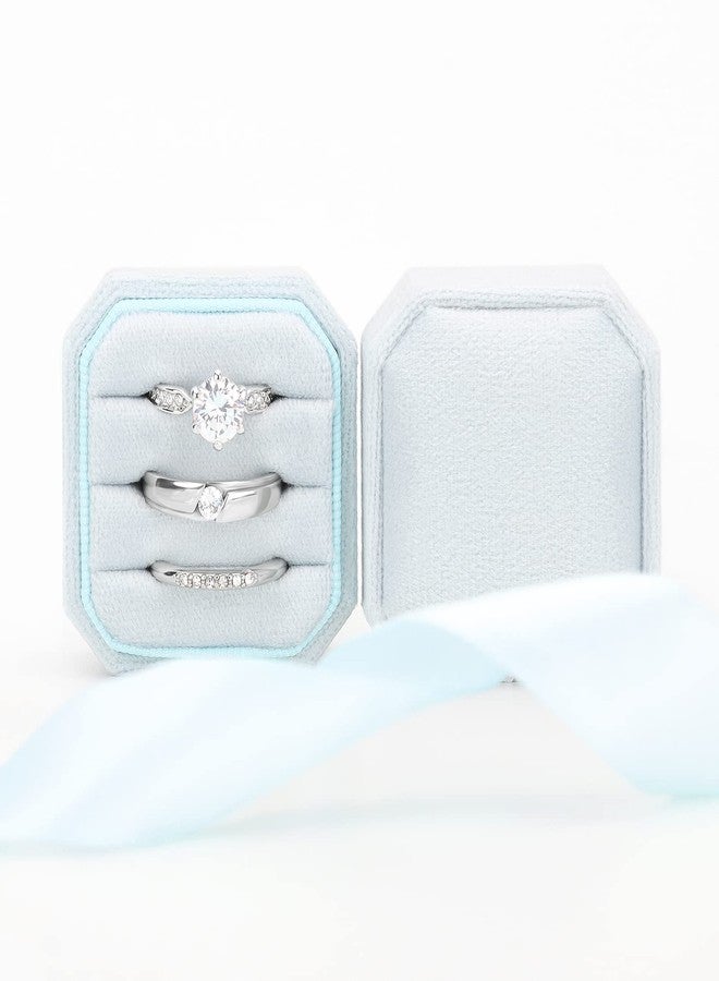 DesignSter Velvet Ring Box - Square, 3 Slots, Premium Wedding & Engagement Proposal Ring Bearer Box (Light Blue) - Image 3