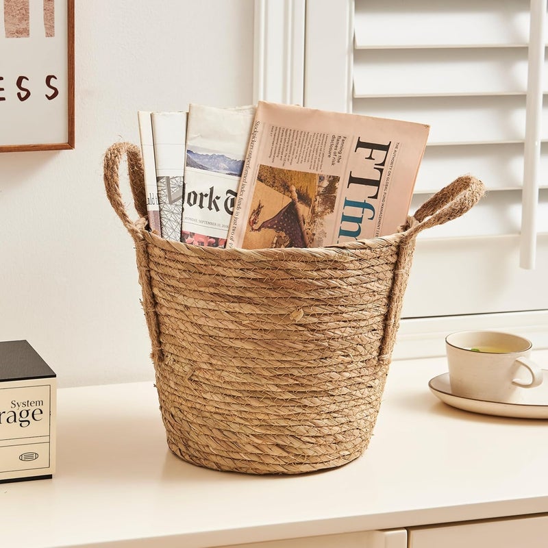 TERRIFI Natural Straw Woven Storage Basket with Handles | Storage Organizer for Home Decor | Rustic Wicker Basket for Blankets, Plants, Toys, Laundry Lightweight Durable Small Size - Image 1