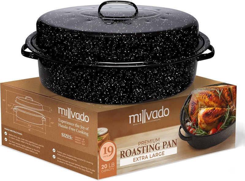 Millvado Roasting Pan With Lid, Thanksgiving Turkey Roaster Pan, Extra Large 20 lb Capacity, 19" Granite Oven Roaster Oval Shaped Speckled Enamel on Steel Cookware,for Roasting Turkey, Chicken, Lamb - Image 1