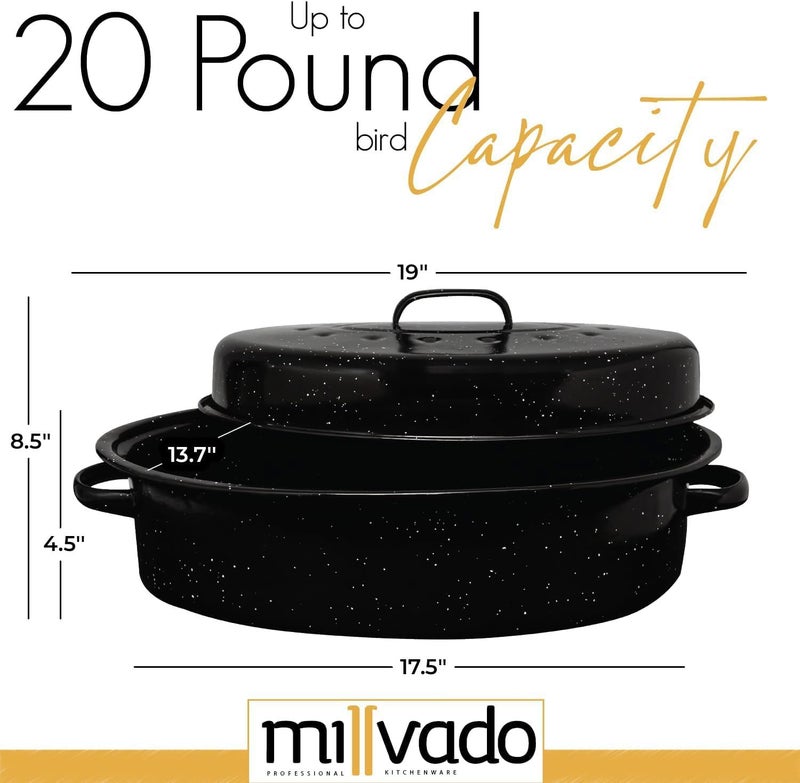 Millvado Roasting Pan With Lid, Thanksgiving Turkey Roaster Pan, Extra Large 20 lb Capacity, 19" Granite Oven Roaster Oval Shaped Speckled Enamel on Steel Cookware,for Roasting Turkey, Chicken, Lamb - Image 2