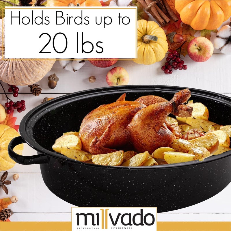 Millvado Roasting Pan With Lid, Thanksgiving Turkey Roaster Pan, Extra Large 20 lb Capacity, 19" Granite Oven Roaster Oval Shaped Speckled Enamel on Steel Cookware,for Roasting Turkey, Chicken, Lamb - Image 3