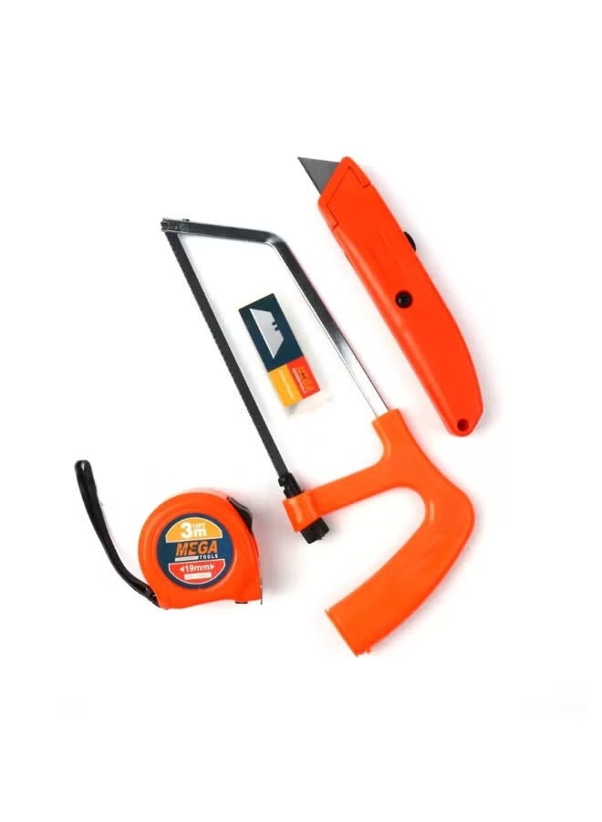 Green Tiger Professional Mini Tool Set - 3-in-1 Hand Tools Kit with Hacksaw, Utility Knife & 3M Measuring Tape - Orange/Silver