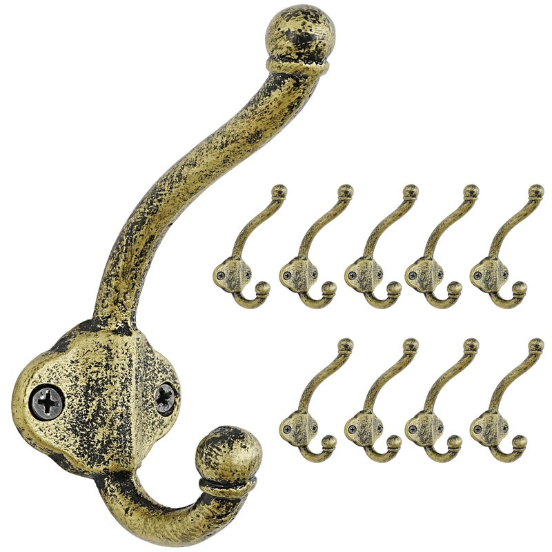 Dseap Cast Iron Wall Hooks L5 Heavy Duty Coat Hooks Rustic Vintage Farmhouse Hook for Hanging Winter Coats Jackets Towels Hats Bags Plants Antique Black Gold Pack of 10 VintageBold - Image 2