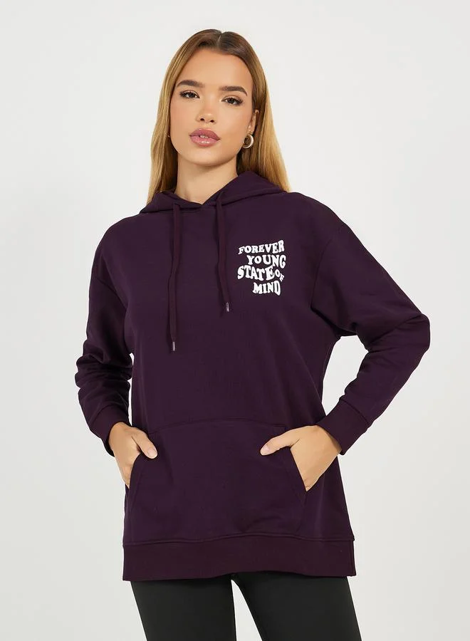 Styli Regular Fit Longline Slogan Print Hoodie