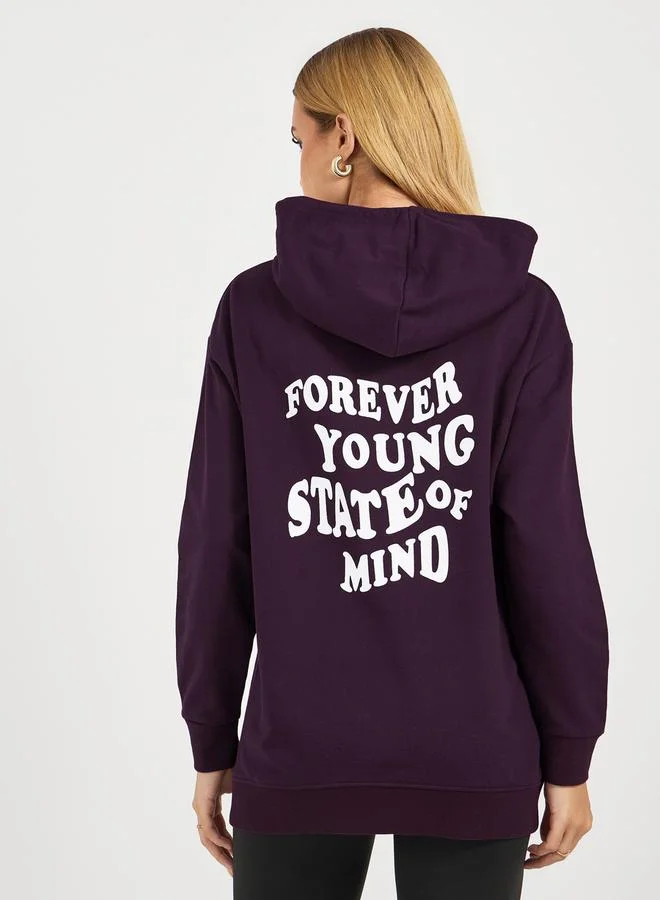 Styli Regular Fit Longline Slogan Print Hoodie