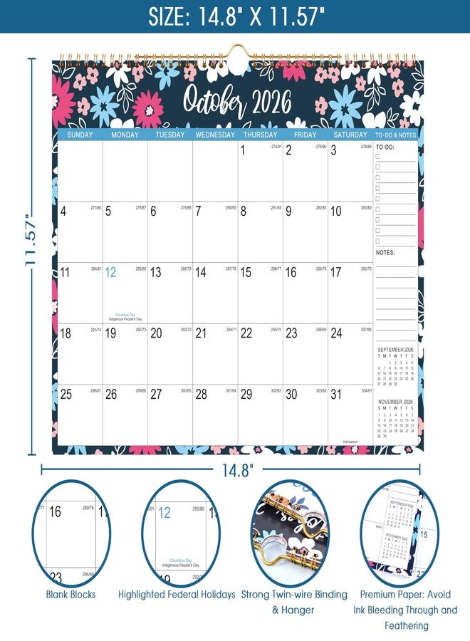MaaIbok 2026 Wall Calendar - Jan 2026 - Dec 2026, 12 Months Hanging Monthly Calendar 2026, 14.8" x 11.57", Twin-Wire Binding, Julian Dates, Large Block, Notes, To-do List, Thick Paper, Perfect for Organizing - Image 3