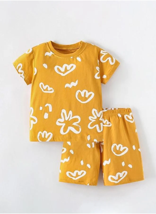 YUNIQEE Yellow Crew Neck Short Sleeve Printed Tshirt & Shorts