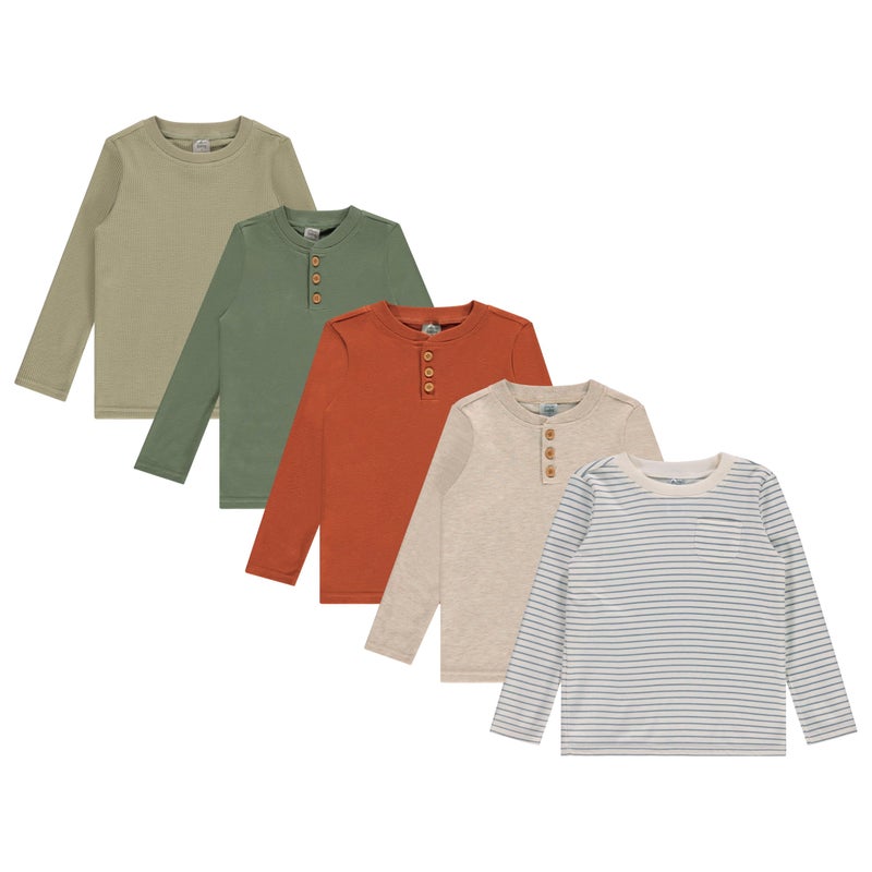 Cudlie 5-Pack Baby/Toddler Boy Long Sleeve Shirt - Basic Tshirt Tops, Light Undershirt - Solid & Striped Tees for Boys, Oil Green, Eucalyptus, Rust, Oatmeal Heather, Blue Stripe, 2 Years - Image 1