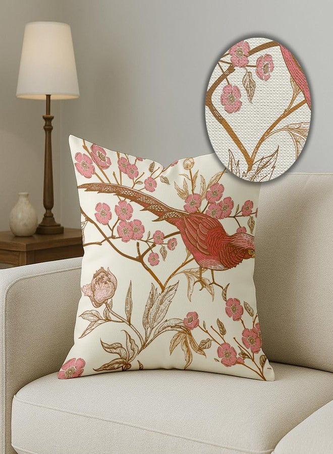 Brick Home Set of 5 Polycotton Printed Cushion Covers 12x12 Inches | Floral & Bird Design | Pastel Blush Pink, Beige & Off-White | Soft Fabric Decorative Pillow Covers for Sofa, Couch & Living Room - Image 3