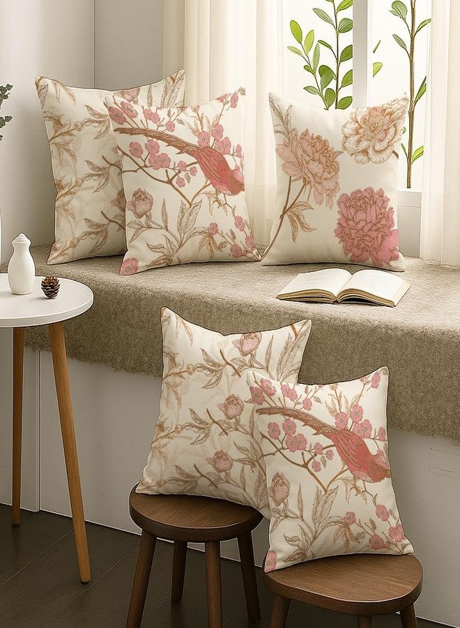 Brick Home Set of 5 Polycotton Printed Cushion Covers 12x12 Inches | Floral & Bird Design | Pastel Blush Pink, Beige & Off-White | Soft Fabric Decorative Pillow Covers for Sofa, Couch & Living Room - Image 2