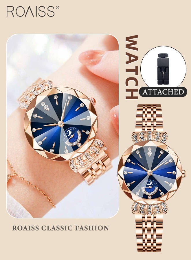 roaiss Women's Steel Band Quartz Watch, Analog Display Round Dial with Diamond Decoration with Moon Phase Display, Waterproof Elegant Wristwatch as Gift for Ladies - Image 1