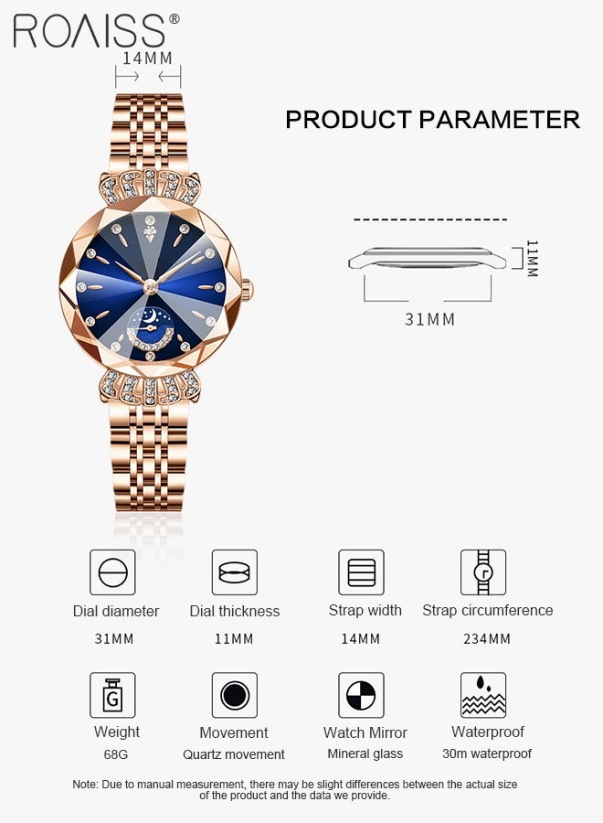 roaiss Women's Steel Band Quartz Watch, Analog Display Round Dial with Diamond Decoration with Moon Phase Display, Waterproof Elegant Wristwatch as Gift for Ladies - Image 4