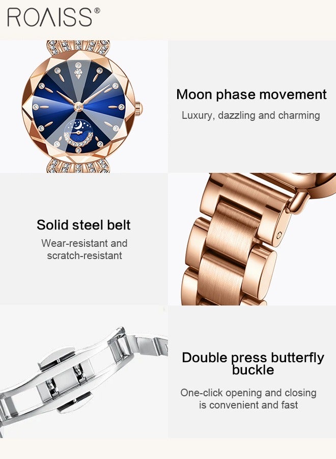 roaiss Women's Steel Band Quartz Watch, Analog Display Round Dial with Diamond Decoration with Moon Phase Display, Waterproof Elegant Wristwatch as Gift for Ladies - Image 5