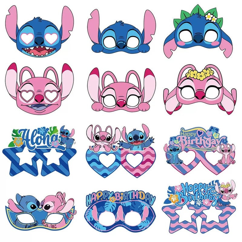 JAYATO 12pcs Lilo & Stitch themed party decoration items, children's Birthday Paper Mask Set - Image 1