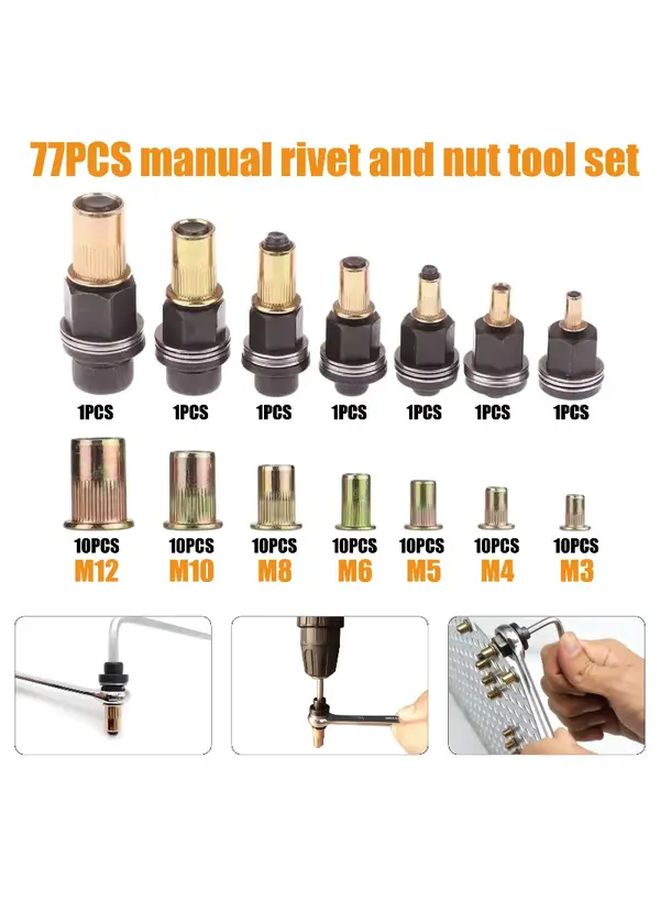 77Pcs Manual Riveting Set With 7 Sizes M3 M4 M5 M6 M8 M10 M12 Rivet Nuts And Flat Rivet Gun Heads For Automotive Industrial Machinery Home Decoration And Metal Welding - Image 3