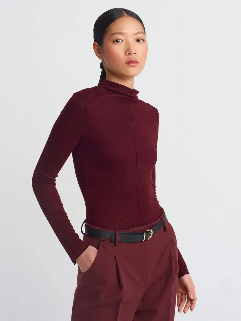 Dilvin DILVIN Ribbed Turtleneck Long-Sleeve Blouse