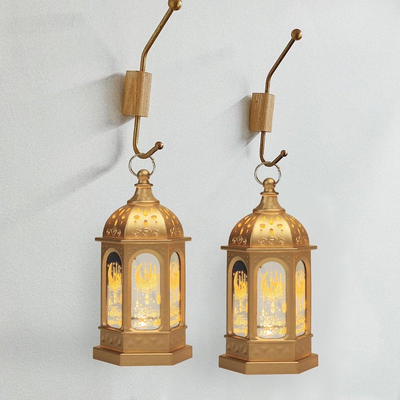 Glodecart 2 قطعة فانوس رمضان لتزيين رمضان، فانوس رمضان ذو نمط القلعة الصغيرة الذهبية والقمر لتزيين طاولة رمضان، هدايا رمضان، ديكور المنزل، أضواء رمضان، ديكور الفوانيس الخارجي. - Image 5