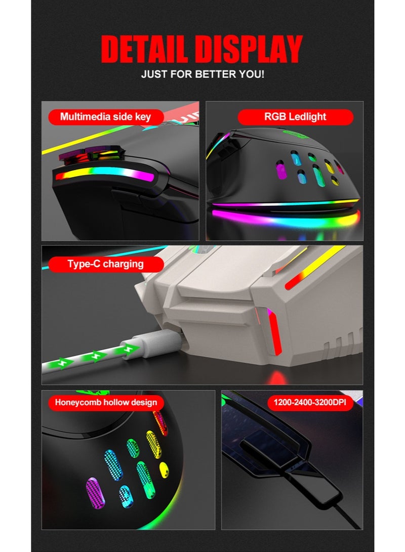 ماوس لاسلكي بتردد 2.4 جيجاهرتز، مع إضاءة أجواء RGB، ودقة 1200-2400-3200 DPI، صامت، مصمم للألعاب، وفقًا للمبادئ الهندسية البشرية - Image 3