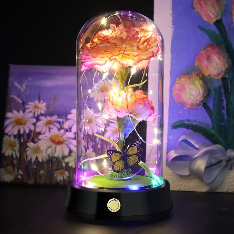 QUELIEN Mothers Day Carnation Flowers Gifts for MomPink Artificial Carnation in Glass Dome with Led Light for Mothers DayBirthdayChristmas PinkWhite