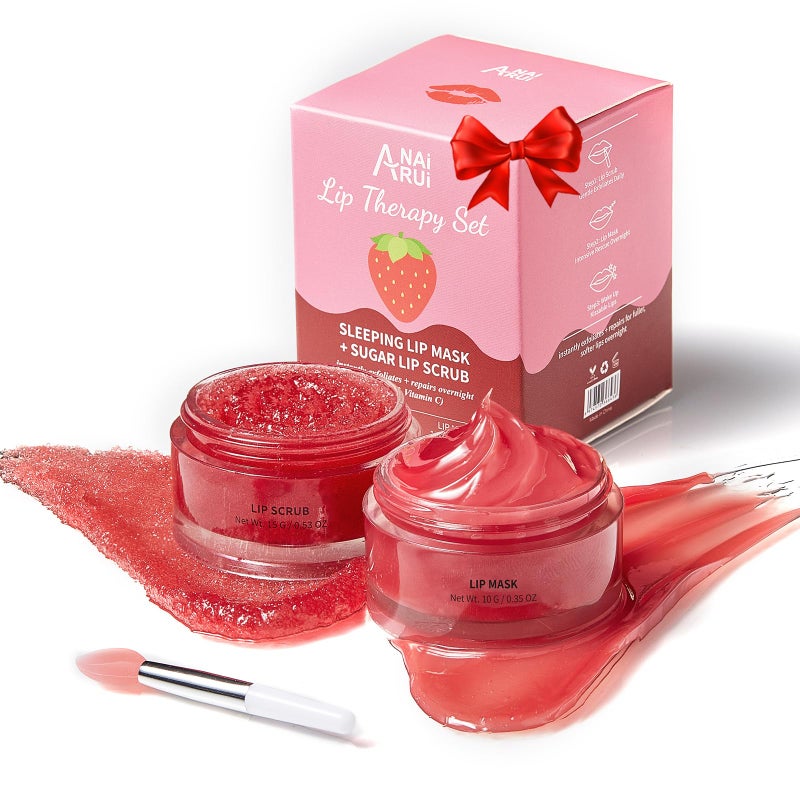 ANAI RUI مجموعة العناية بالشفتين ANAI RUI: مقشر الشفاه + قناع الشفاه، مجموعة مرطب الشفاه الناعم والمغذي لعلاج الشفاه أثناء الليل، مقشر الشفاه بنكهة الفراولة وقناع النوم للشفاه للشفاه الجافة والمشققة الداكنة. - Image 1