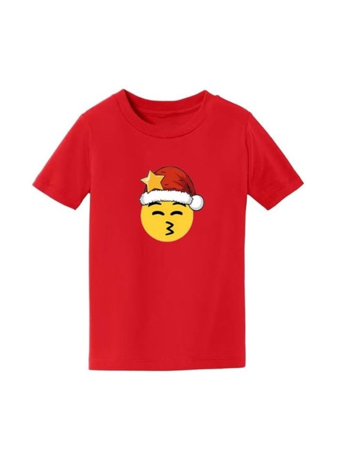 PRINTSHOP4ME - Christmas Emoji Kids Red T-Shirt For Boys–Soft Cotton Round Neck Short Sleeve T-Shirt With Smiley Face Emoji–Great For Parties - Image 1