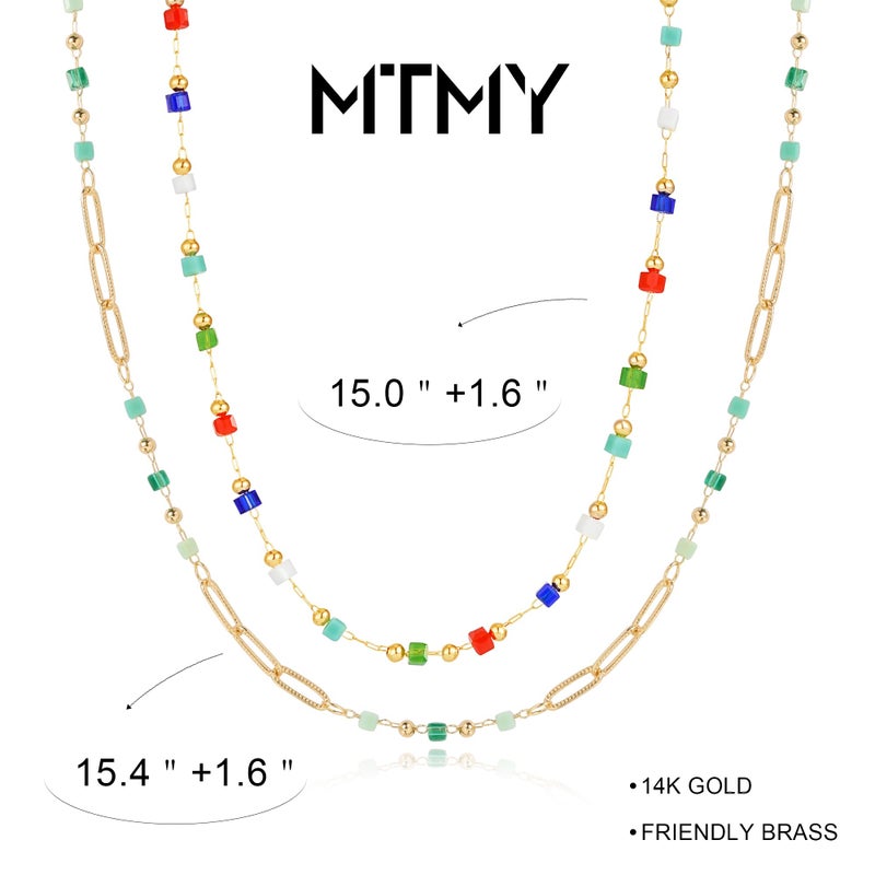 MTMY Beaded Necklaces for Women 14K Gold Plated Dainty Colorful Green/Rose Beaded Pearl Choker Necklace Delicate Boho Jewelry Gift (Layer-mix color) - Image 5