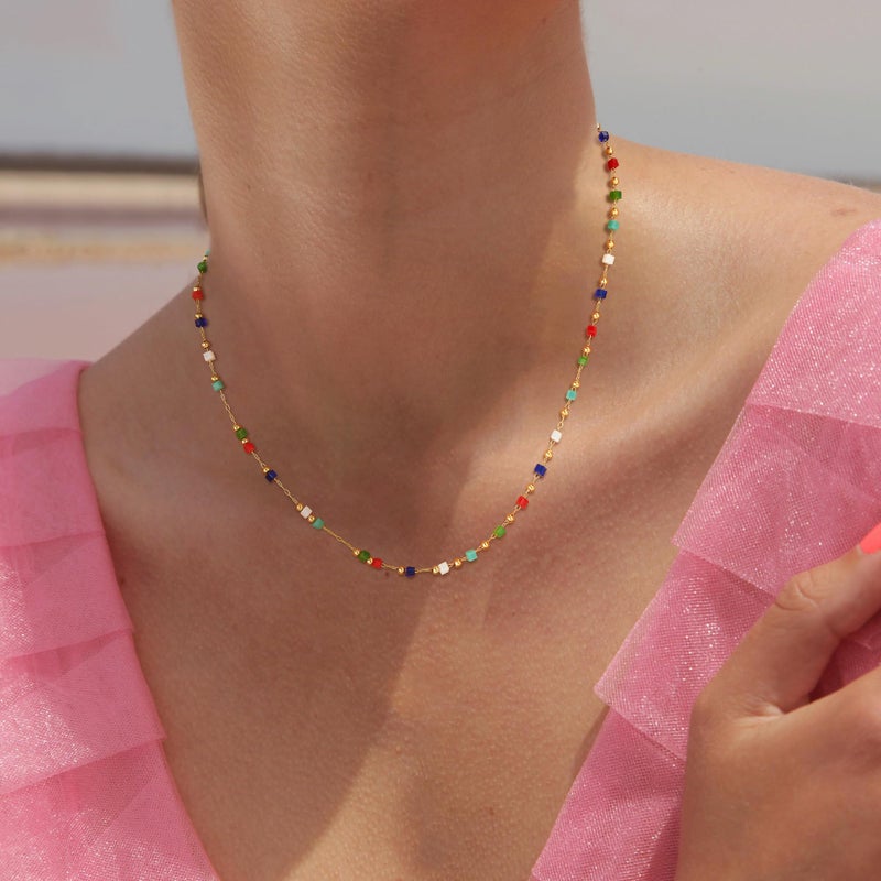MTMY Beaded Necklaces for Women 14K Gold Plated Dainty Colorful Green/Rose Beaded Pearl Choker Necklace Delicate Boho Jewelry Gift (Layer-mix color) - Image 4