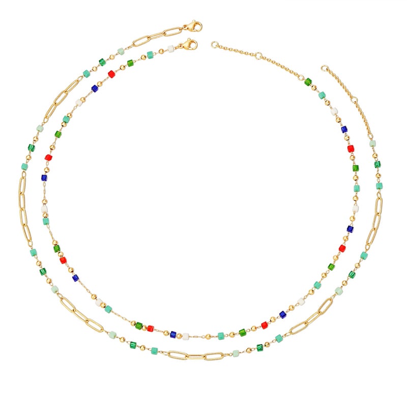 MTMY Beaded Necklaces for Women 14K Gold Plated Dainty Colorful Green/Rose Beaded Pearl Choker Necklace Delicate Boho Jewelry Gift (Layer-mix color) - Image 1