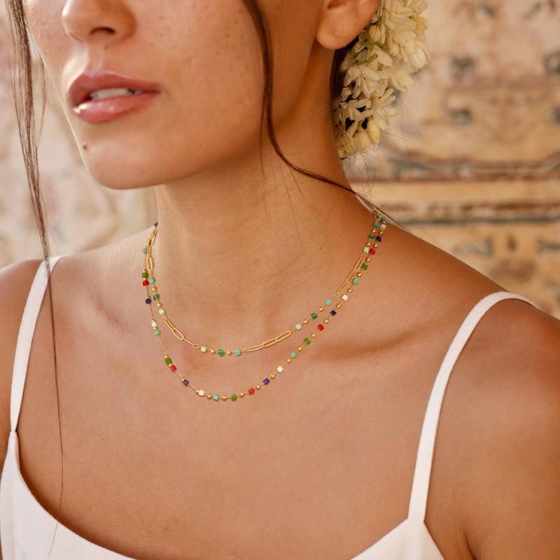 MTMY Beaded Necklaces for Women 14K Gold Plated Dainty Colorful Green/Rose Beaded Pearl Choker Necklace Delicate Boho Jewelry Gift (Layer-mix color) - Image 2