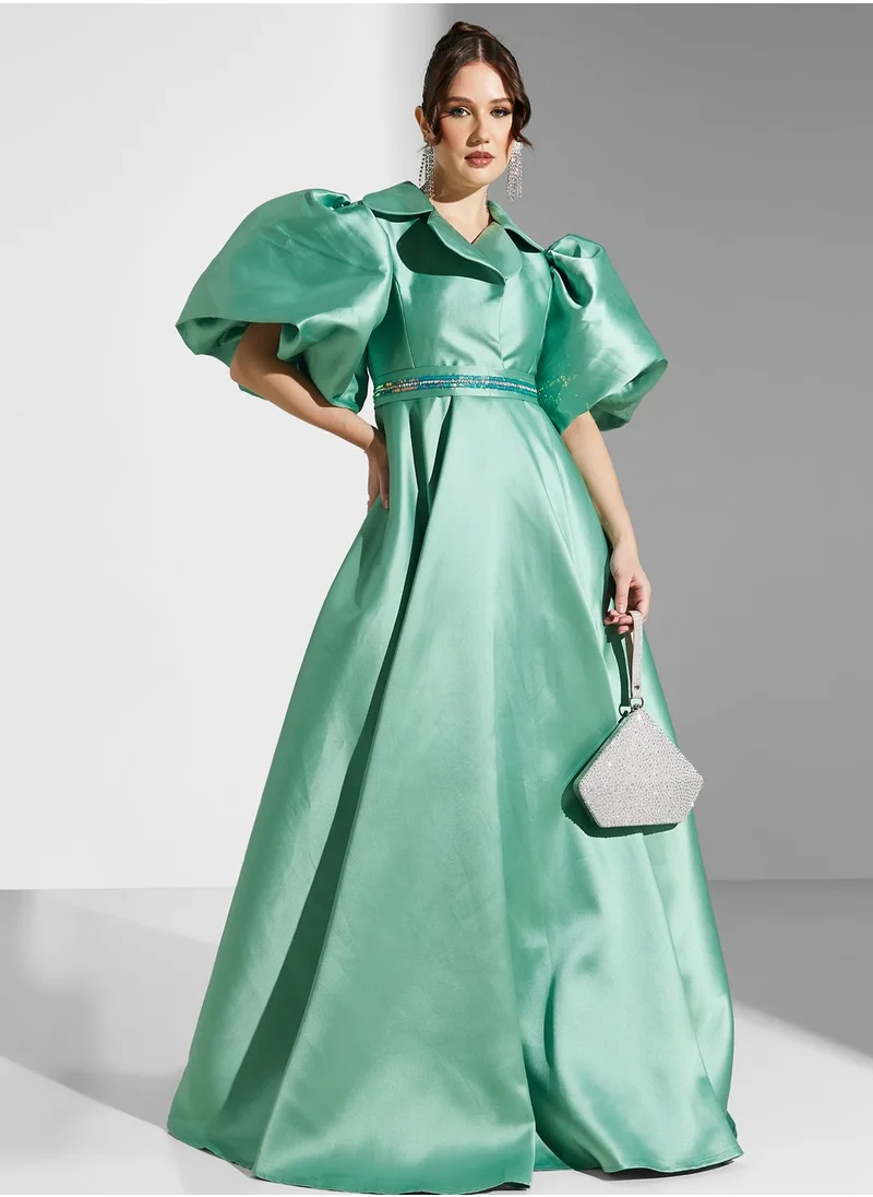 Yaser albik Cape Sleeve Satin Dress