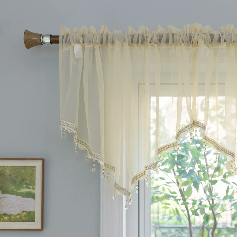 PearAge Beaded Sheer Valance Curtains for Living RoomRod Pocket Farmhouse Window Valance Bead Trim Tassel Voile Sheer Curtain Valance for Bedroom Bathroom Cafe 51x24 Inches Beige 1PC