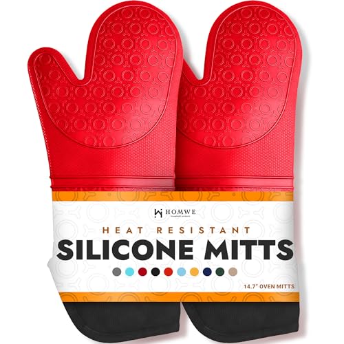 HOMWE BPA-Free Soft Silicone Oven Mitts - Ultra Heat Resistant Oven Mitts with Thick Cotton Liner - Extra Long Slip Resistant Pot Holders, Flexible Oven Gloves - Red/Black 14.7" - Image 1
