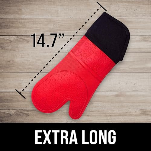 HOMWE BPA-Free Soft Silicone Oven Mitts - Ultra Heat Resistant Oven Mitts with Thick Cotton Liner - Extra Long Slip Resistant Pot Holders, Flexible Oven Gloves - Red/Black 14.7" - Image 2