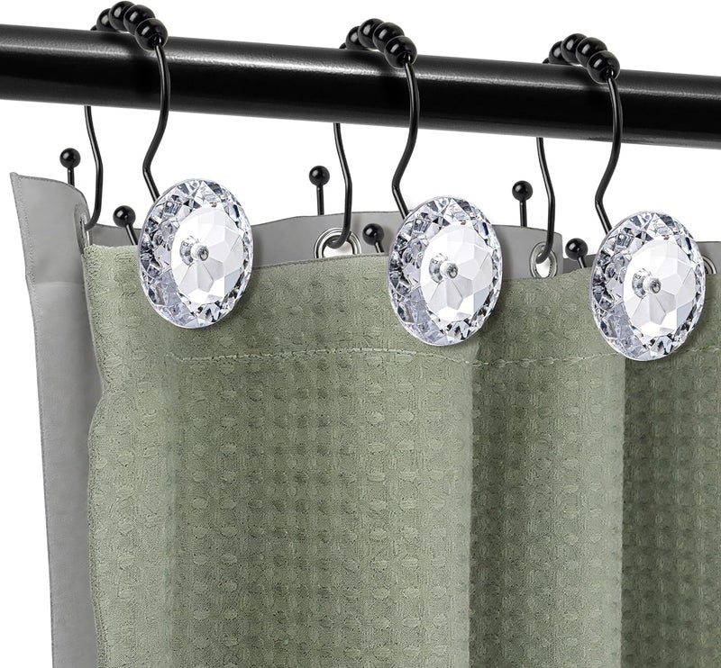 Sunlit Luxury Design Round Clear Diamond Crystal Gem Bling with Glide Balls Black Double Shower Curtain Hooks, Rust Proof Metal Rhinestones Glam Shower Curtain Rings-12 Pack - Image 4
