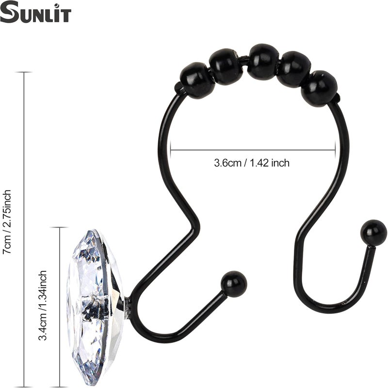 Sunlit Luxury Design Round Clear Diamond Crystal Gem Bling with Glide Balls Black Double Shower Curtain Hooks, Rust Proof Metal Rhinestones Glam Shower Curtain Rings-12 Pack - Image 2