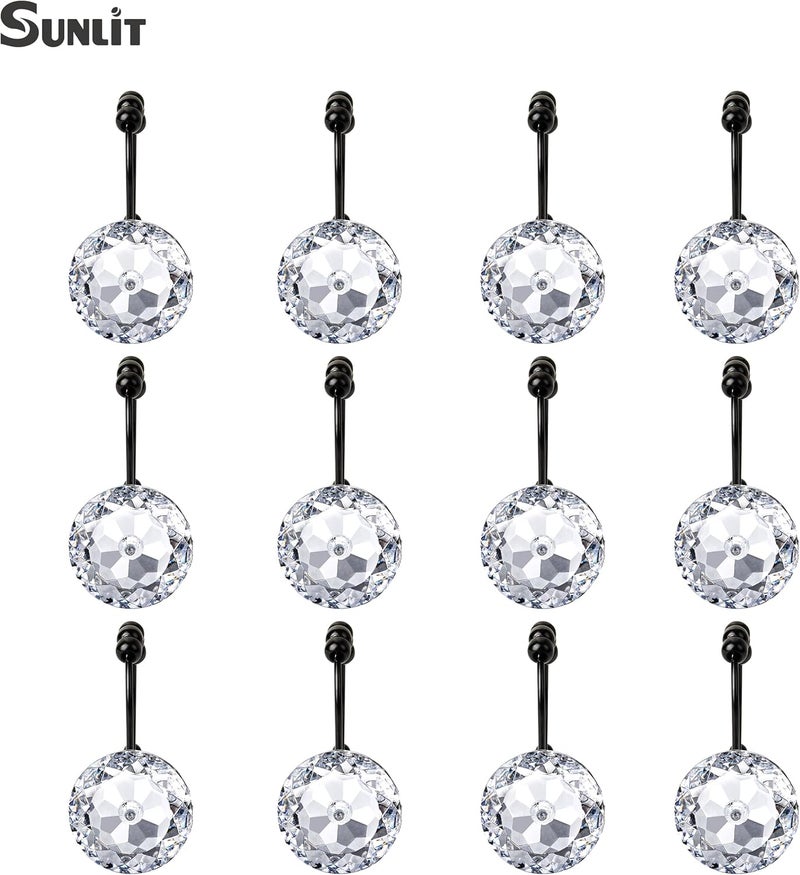 Sunlit Luxury Design Round Clear Diamond Crystal Gem Bling with Glide Balls Black Double Shower Curtain Hooks, Rust Proof Metal Rhinestones Glam Shower Curtain Rings-12 Pack - Image 3