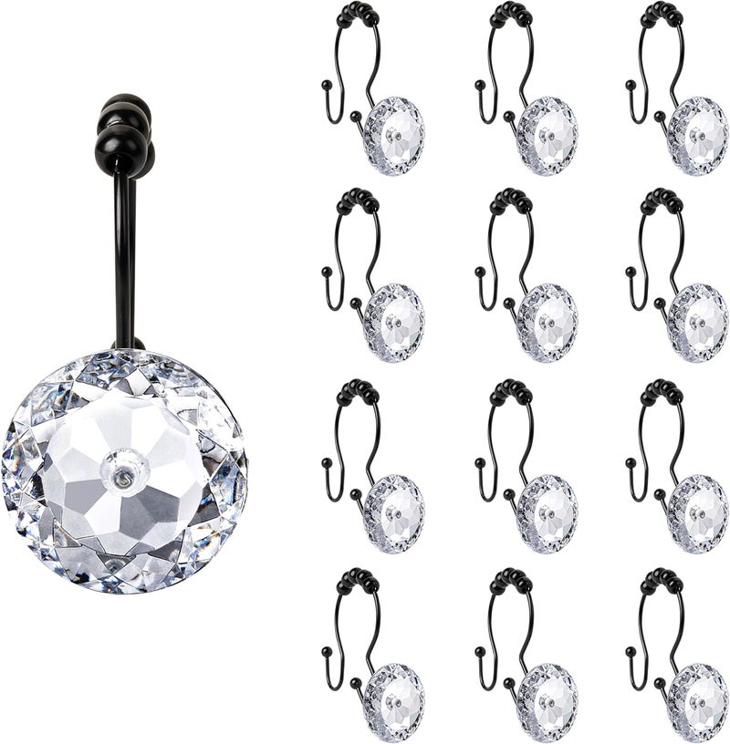 Sunlit Luxury Design Round Clear Diamond Crystal Gem Bling with Glide Balls Black Double Shower Curtain Hooks, Rust Proof Metal Rhinestones Glam Shower Curtain Rings-12 Pack - Image 1