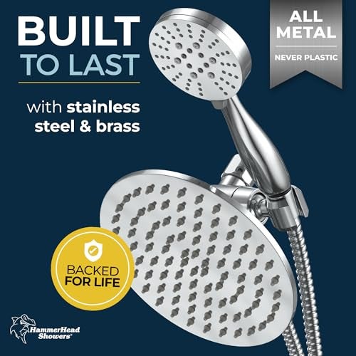 HammerHead Showers Dual Shower Head Combo, 8-Inch Rainfall & 3-Flow Handheld, Chrome, 2.5 GPM - Image 2