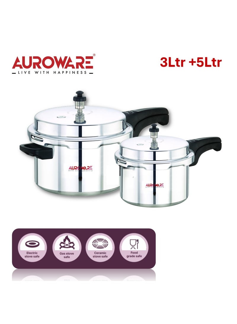 Auroware 5 and 3 Liter Aluminium Pressure Cooker Strong Handle Heavy Duty Comfortable for Chicken, Rice, Beef and Mor