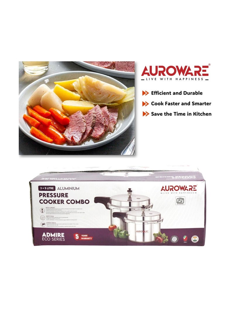 Auroware 5 and 3 Liter Aluminium Pressure Cooker Strong Handle Heavy Duty Comfortable for Chicken, Rice, Beef and Mor