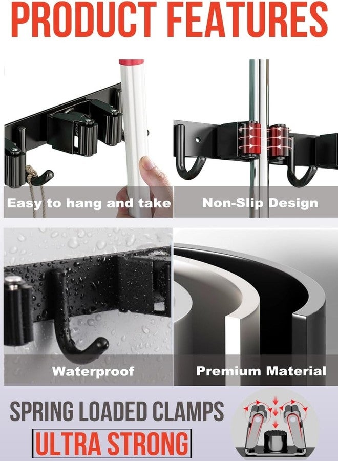 Xpandio Mop and Broom Holder Wall Mount, Upgraded Broom Organizer Wall Mount, Stainless Steel Broom Hanger for Home Kitchen Garden Laundry Garage (Black-3 Rack 4 hook) - Image 2