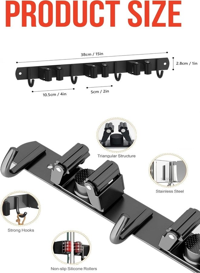 Xpandio Mop and Broom Holder Wall Mount, Upgraded Broom Organizer Wall Mount, Stainless Steel Broom Hanger for Home Kitchen Garden Laundry Garage (Black-3 Rack 4 hook) - Image 4