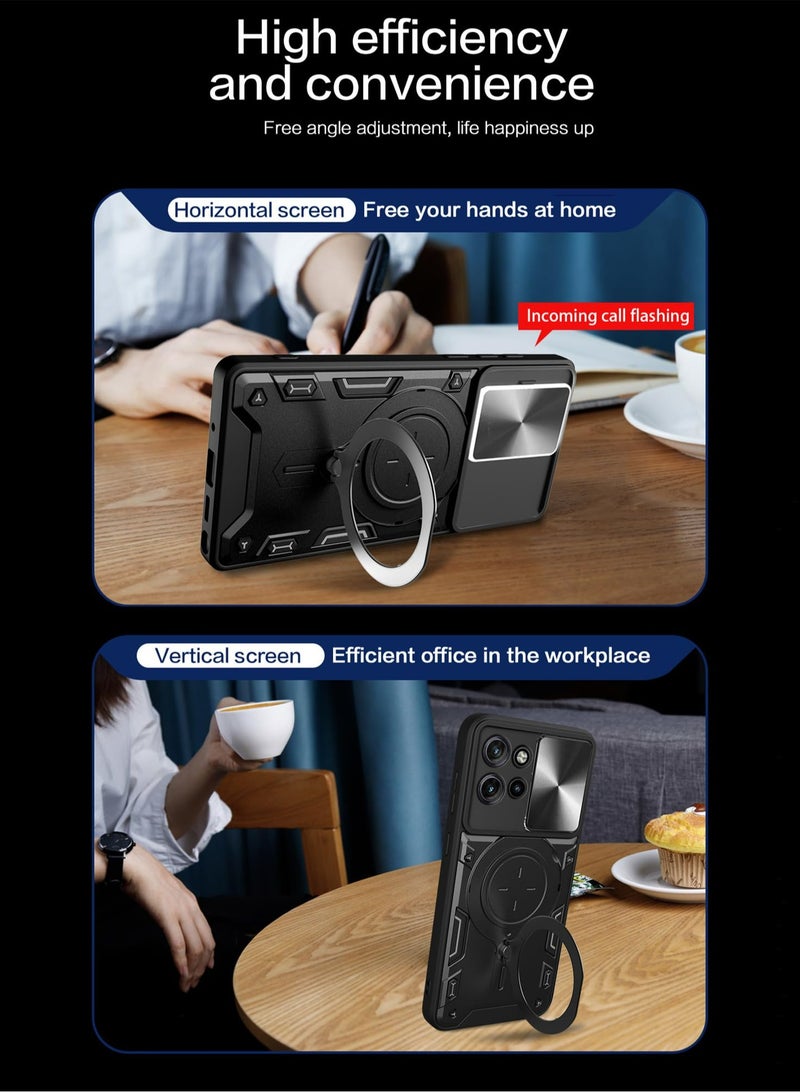 Mobile Phone Case Cover for Motorola Edge 50 5G, Slide Camera Lens Cover, 360°Rotating Kickstand Ring, Bumper Shockproof Phone Case，Compatible with Car Magnetic Mount Mobile Phone Case For Motorola Edge 50 5G Black  - Image 4
