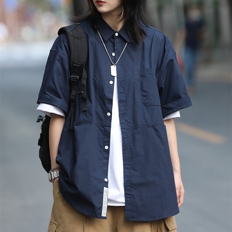 Vintage Japanese Workwear Shirt Women Short Sleeve Casual Oversized Khaki - Image 2