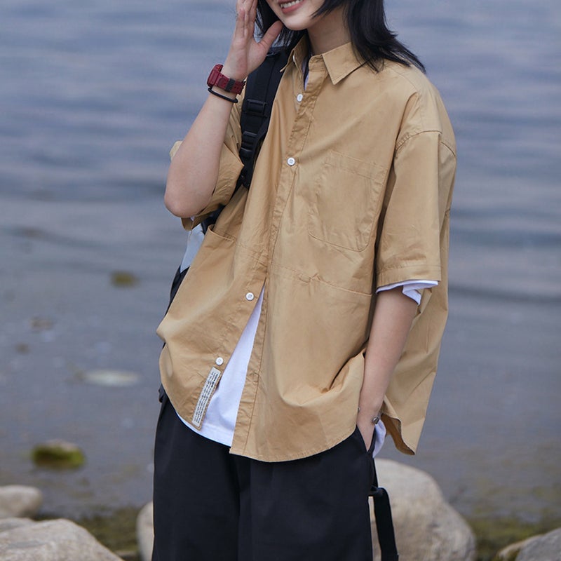 Vintage Japanese Workwear Shirt Women Short Sleeve Casual Oversized Khaki - Image 1