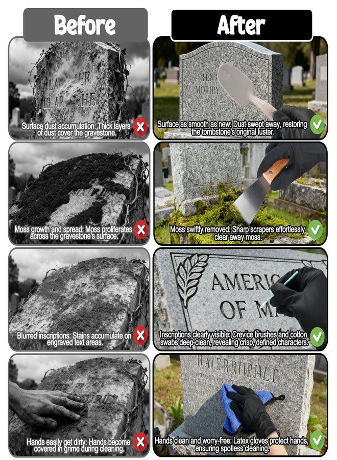 XANGNIER Gravestone Cleaning Kit,Headstone Cleaner Brush Tools for Cleaning Graves,Cemetery Headstones,Tombstone,Granite Grave Stone-Includes Crevice Brush,Towel,Gloves,Scraper,Flat-Tip Cotton Swab - Image 3